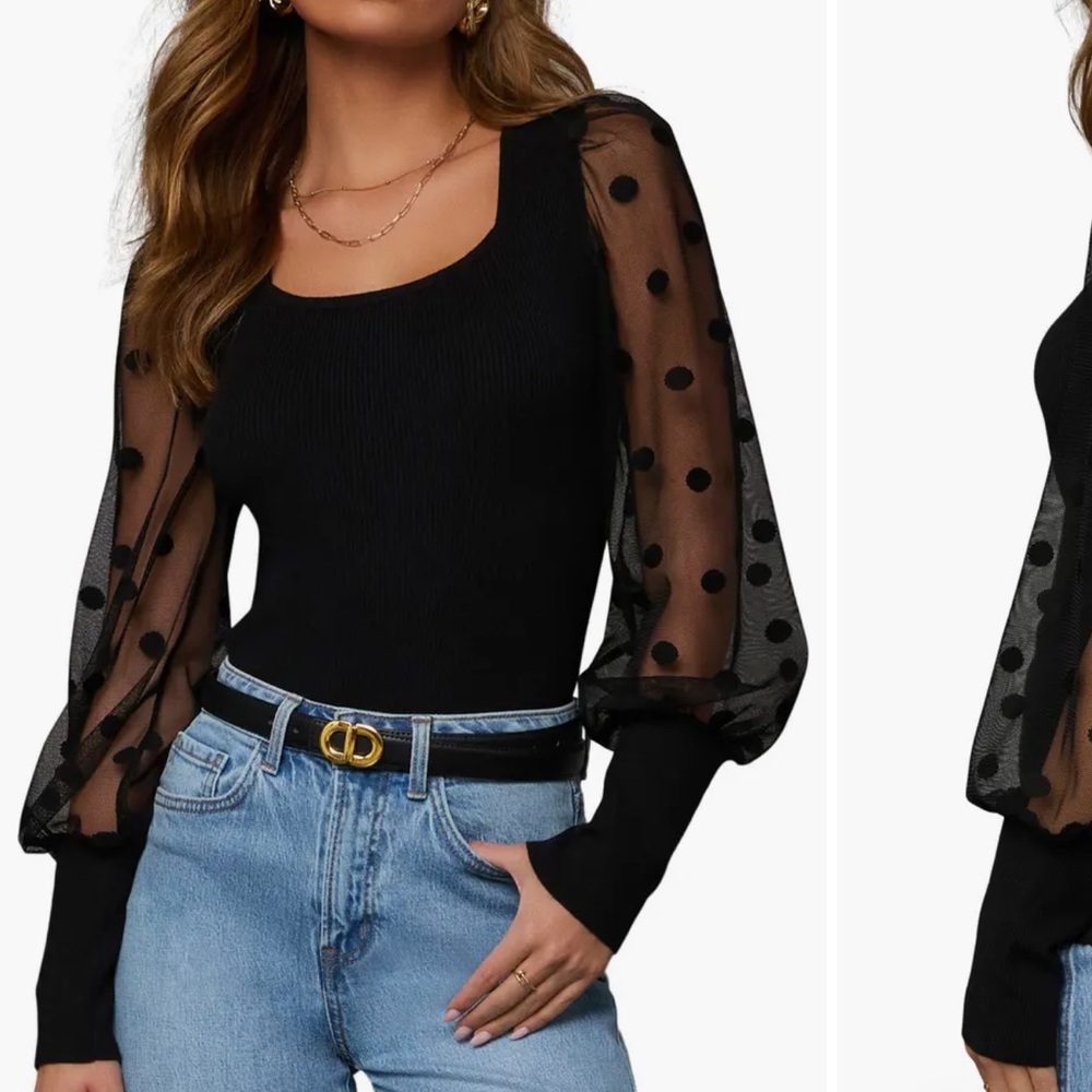Vici Black Top with Sheer Polka Dot Sleeves - Picture 2 of 5